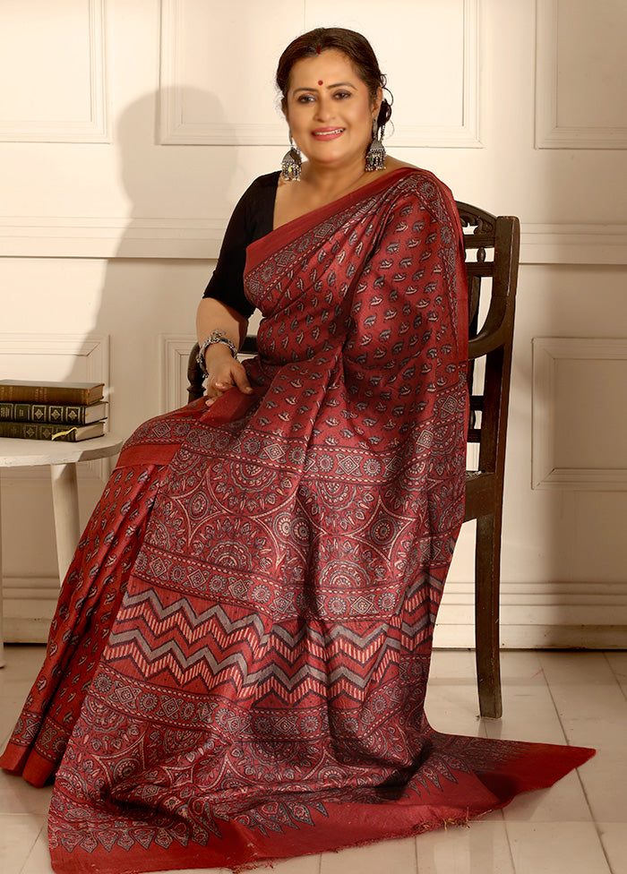 Maroon Tussar Pure Silk Saree With Blouse Piece - Indian Silk House Agencies