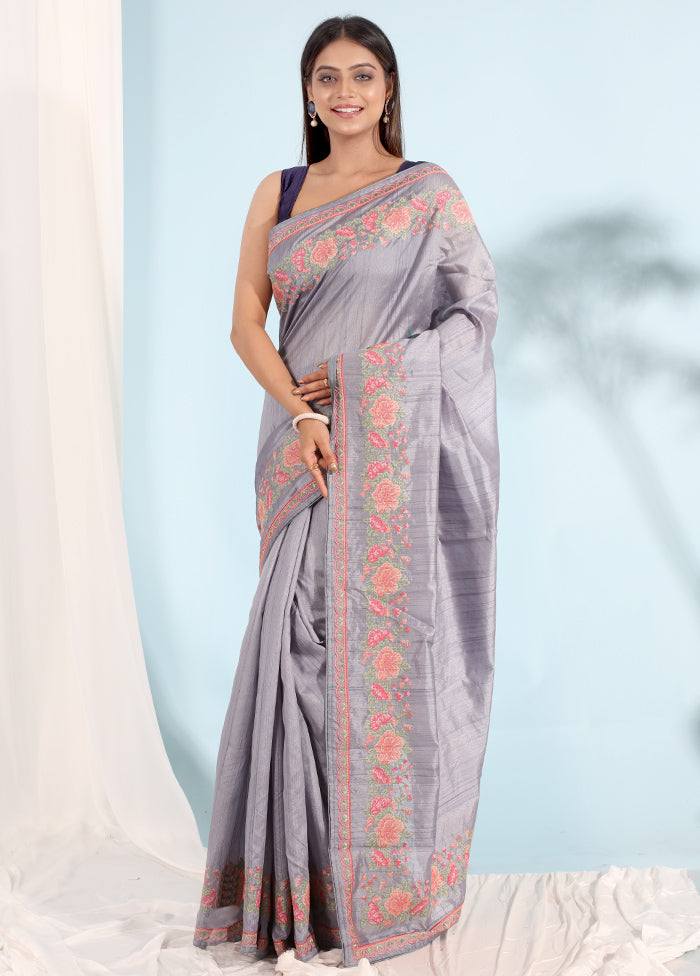 Grey Organza Saree With Blouse Piece - Indian Silk House Agencies