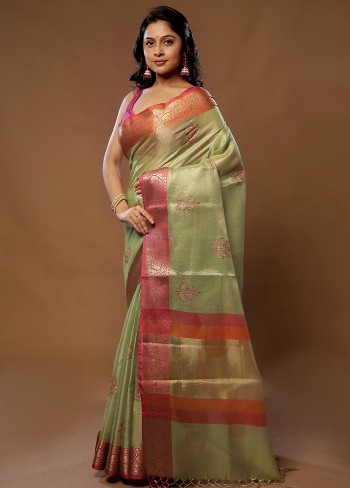 Green Tissue Silk Saree With Blouse Piece - Indian Silk House Agencies