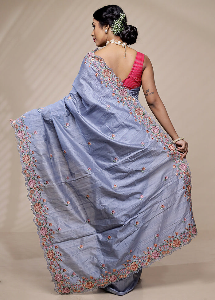 Grey Organza Saree With Blouse Piece - Indian Silk House Agencies