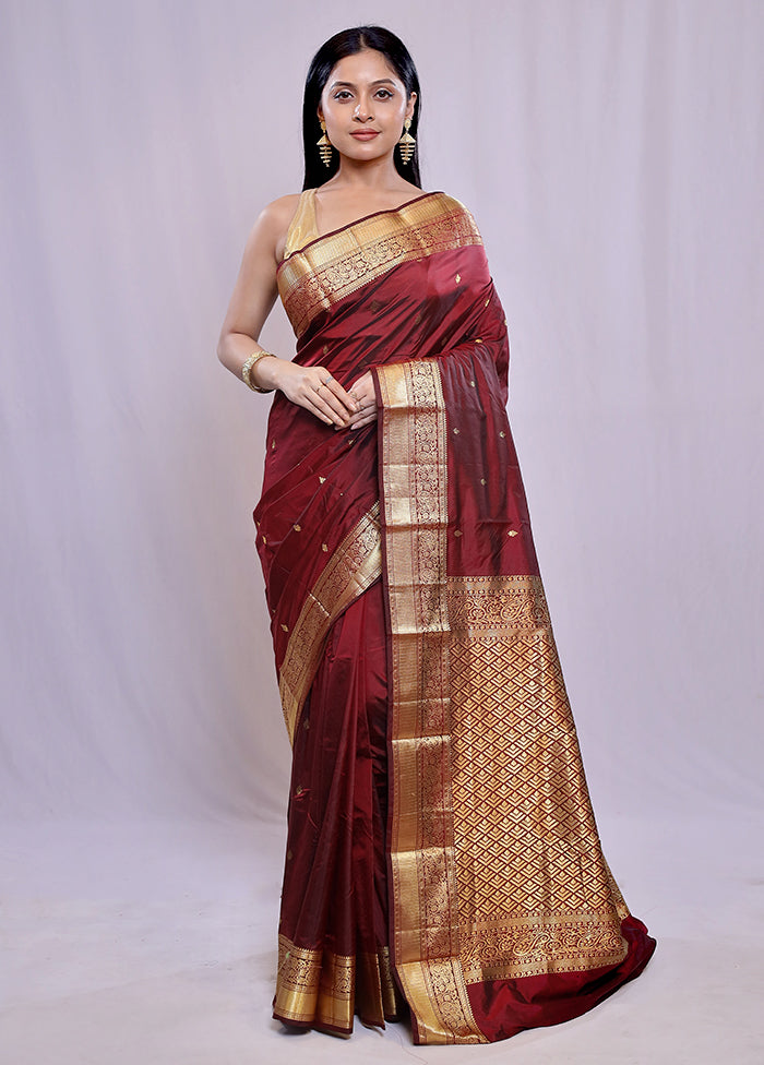 Maroon Kanjivaram Silk Saree With Blouse Piece - Indian Silk House Agencies