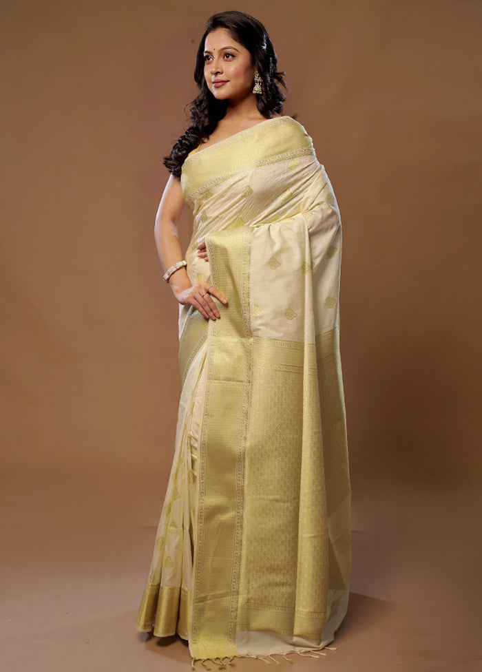 Cream Kanjivaram Silk Saree With Blouse Piece - Indian Silk House Agencies