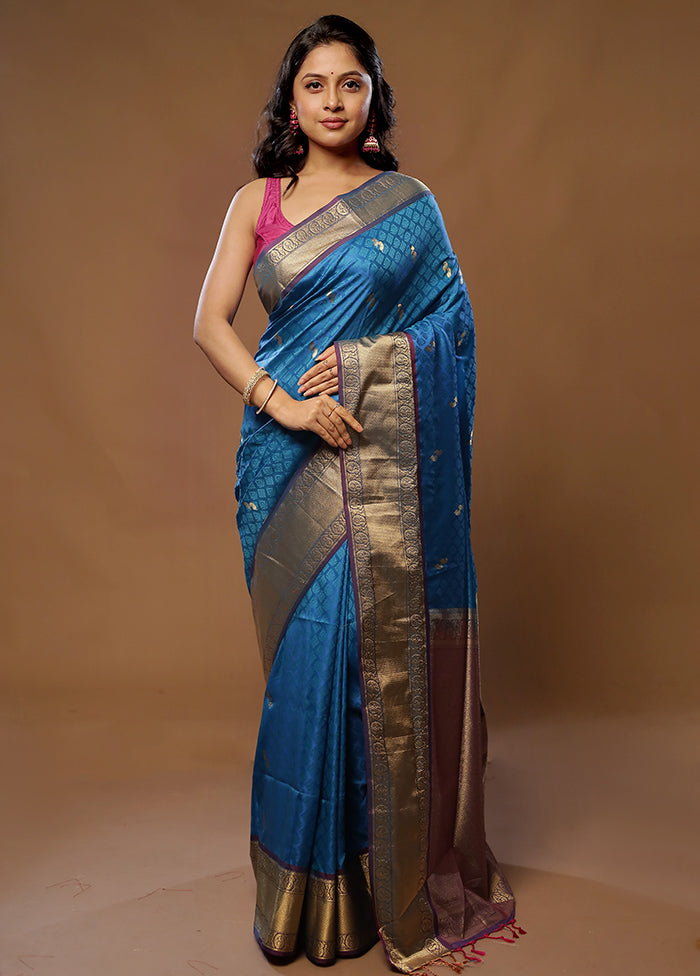 Blue Kanjivaram Silk Saree With Blouse Piece - Indian Silk House Agencies