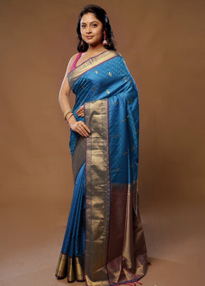 Blue Kanjivaram Silk Saree With Blouse Piece - Indian Silk House Agencies