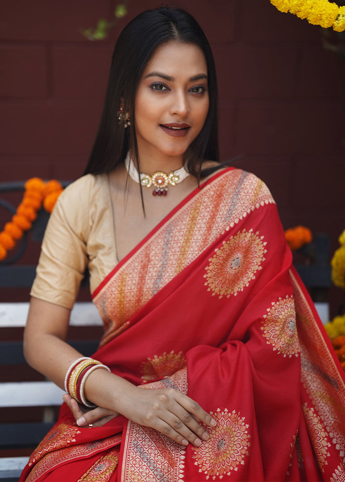 Red Handloom Pure Georgette Saree With Blouse Piece