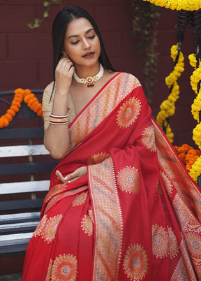 Red Handloom Pure Georgette Saree With Blouse Piece