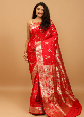 Red Banarasi Silk Saree With Blouse Piece