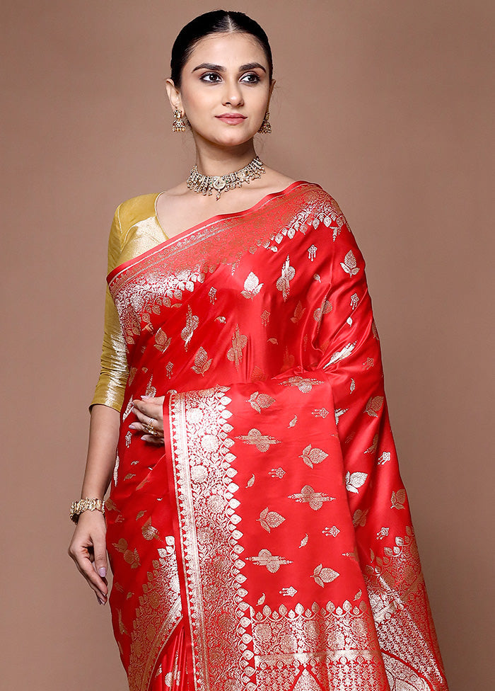 Red Banarasi Silk Saree With Blouse Piece