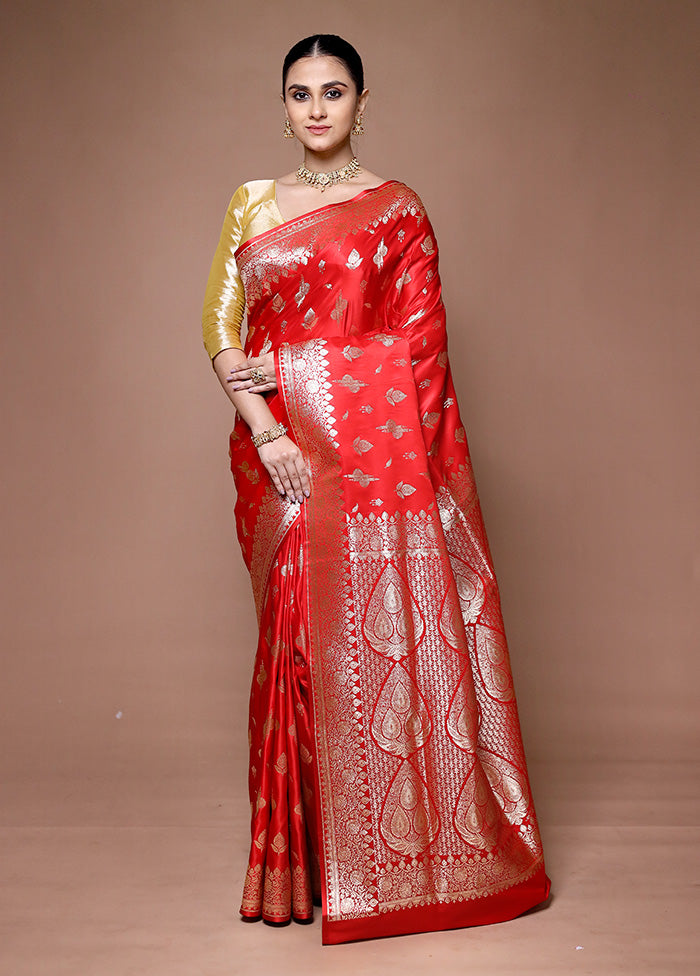 Red Banarasi Silk Saree With Blouse Piece