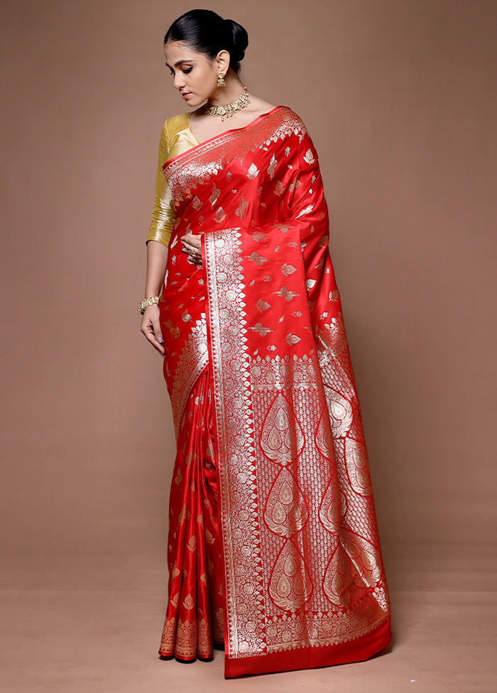 Red Banarasi Silk Saree With Blouse Piece