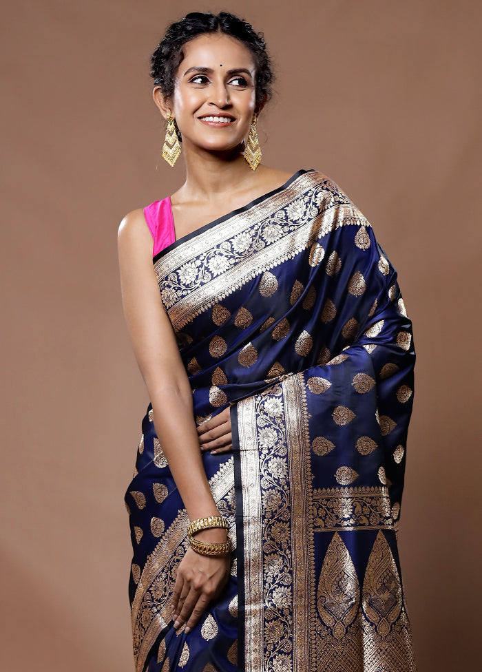 Blue Banarasi Silk Saree With Blouse Piece - Indian Silk House Agencies