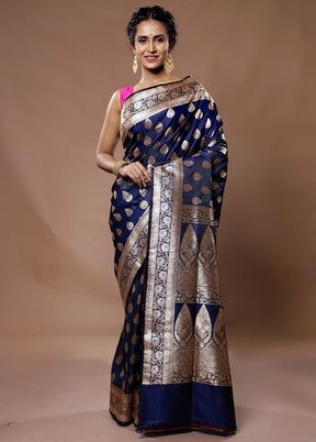 Blue Banarasi Silk Saree With Blouse Piece - Indian Silk House Agencies