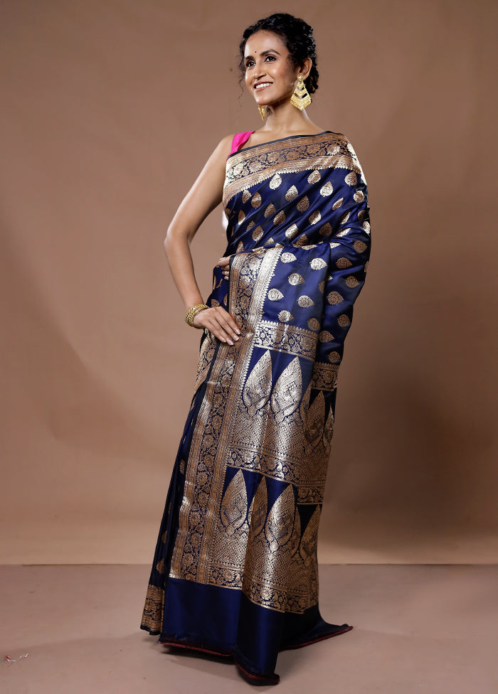 Blue Banarasi Silk Saree With Blouse Piece - Indian Silk House Agencies