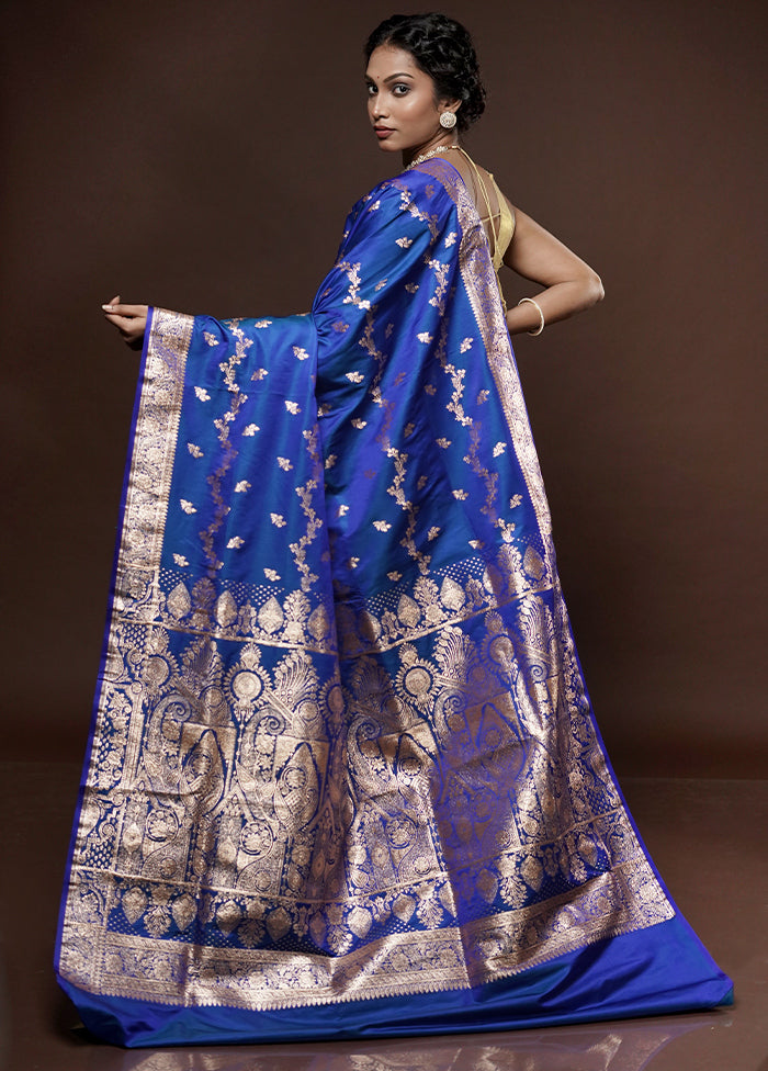 Blue Banarasi Silk Saree With Blouse Piece - Indian Silk House Agencies