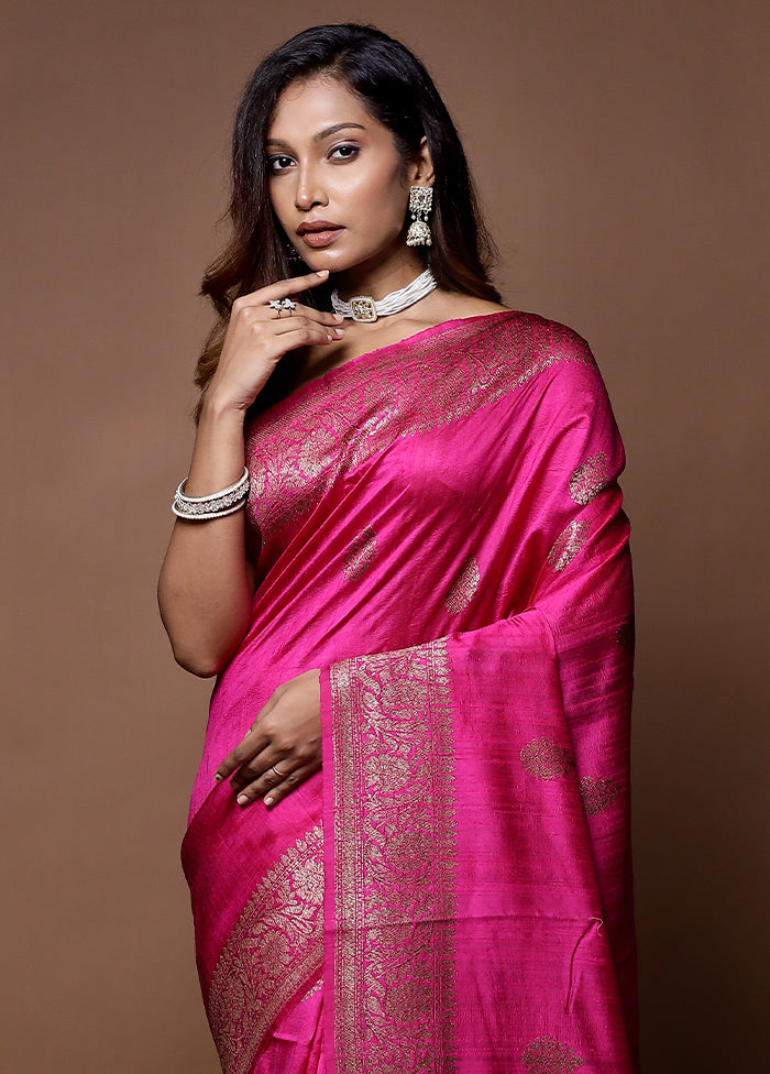 Pink Handloom Tussar Pure Silk Saree With Blouse Piece - Indian Silk House Agencies