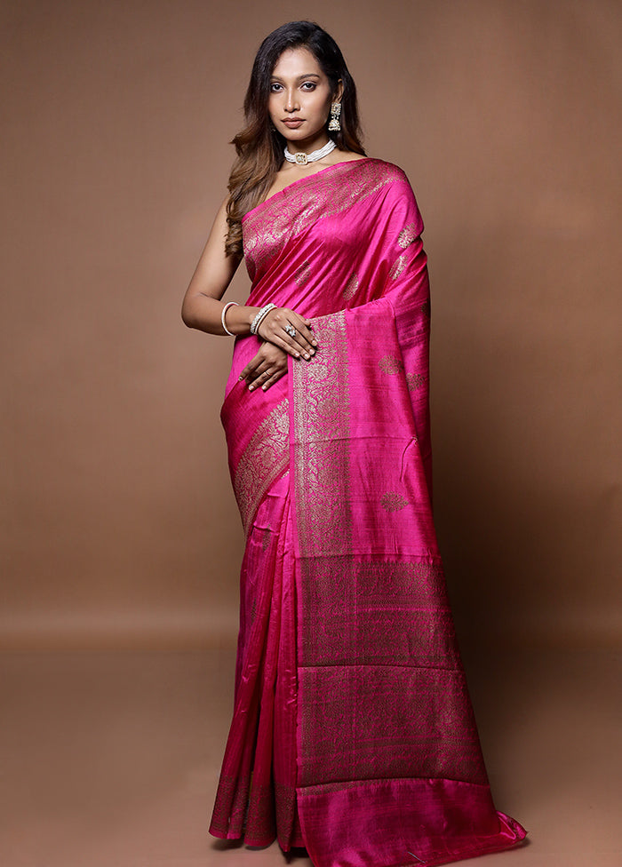 Pink Handloom Tussar Pure Silk Saree With Blouse Piece - Indian Silk House Agencies