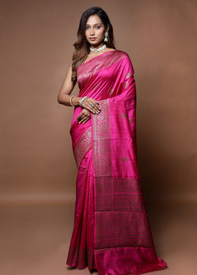 Pink Handloom Tussar Pure Silk Saree With Blouse Piece