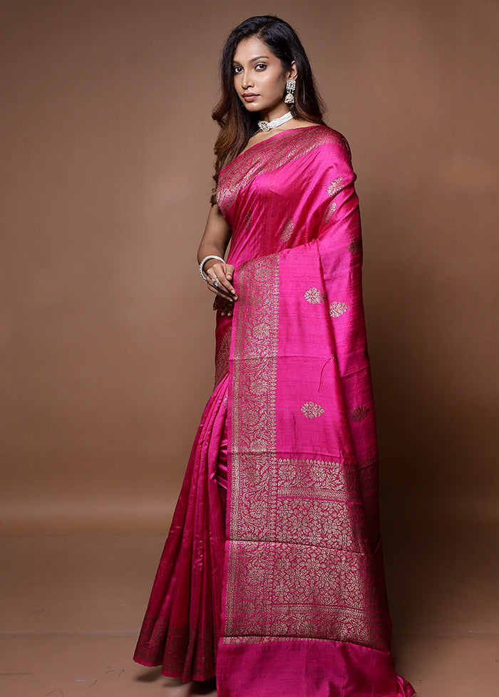 Pink Handloom Tussar Pure Silk Saree With Blouse Piece - Indian Silk House Agencies