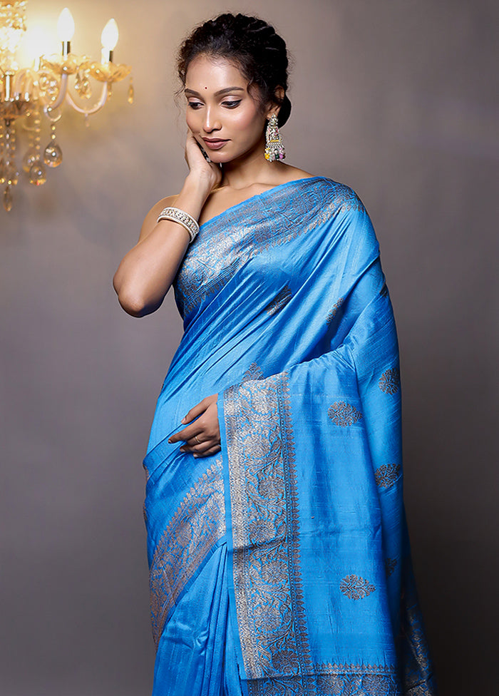 Blue Handloom Tussar Pure Silk Saree With Blouse Piece