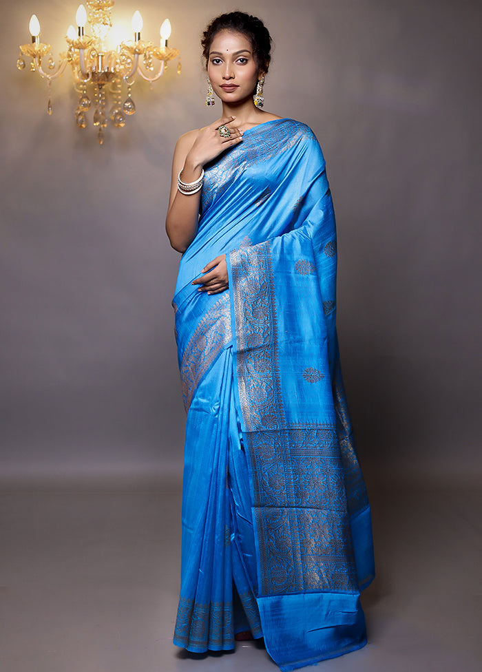 Blue Handloom Tussar Pure Silk Saree With Blouse Piece