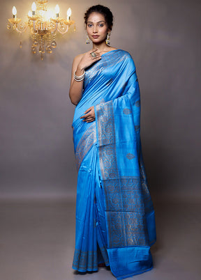 Blue Handloom Tussar Pure Silk Saree With Blouse Piece