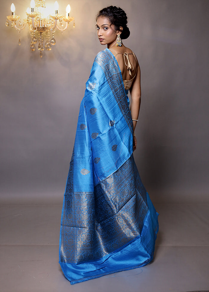 Blue Handloom Tussar Pure Silk Saree With Blouse Piece