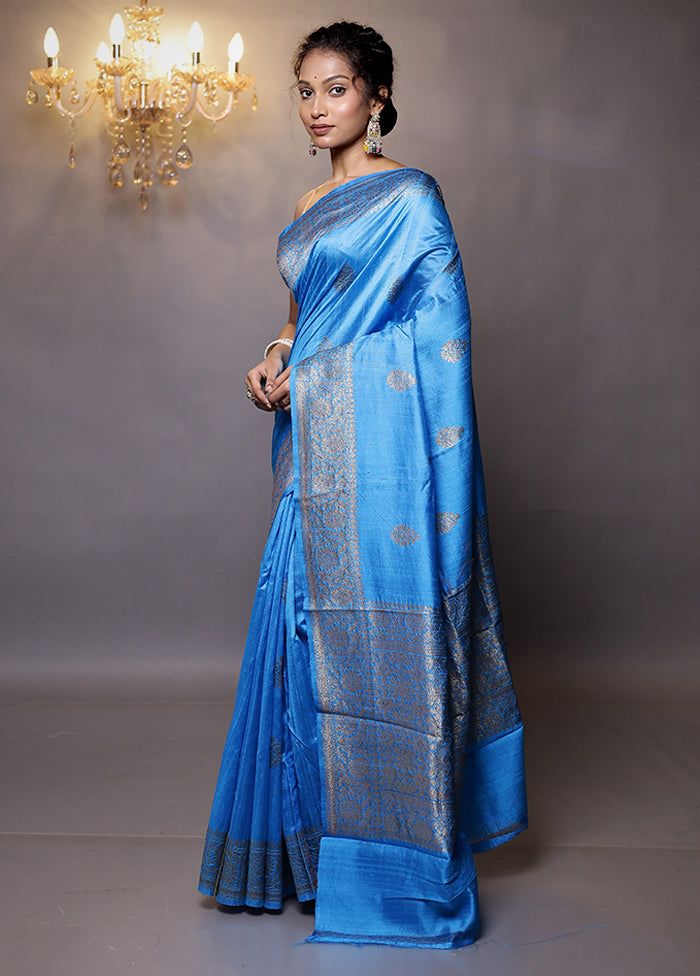 Blue Handloom Tussar Pure Silk Saree With Blouse Piece