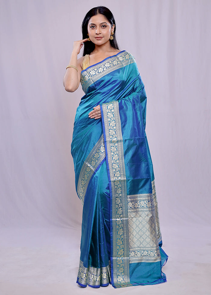 Blue Katan Pure Silk Saree With Blouse Piece