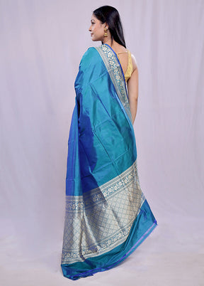 Blue Katan Pure Silk Saree With Blouse Piece