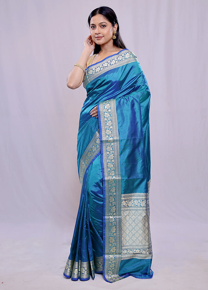 Blue Katan Pure Silk Saree With Blouse Piece