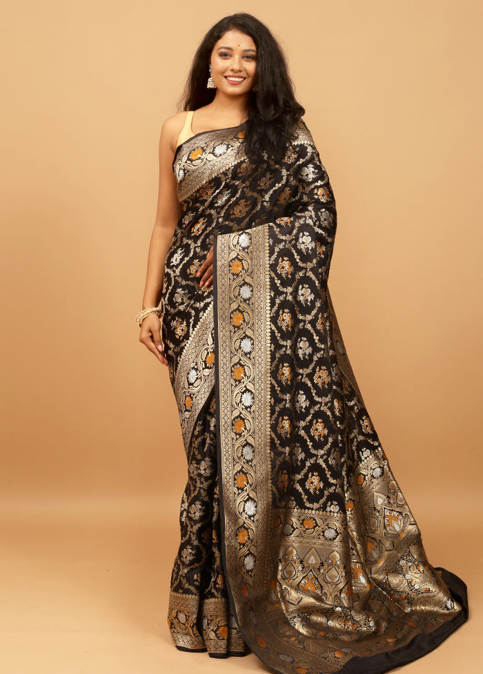 Black Handloom Banarasi Pure Silk Saree With Blouse Piece