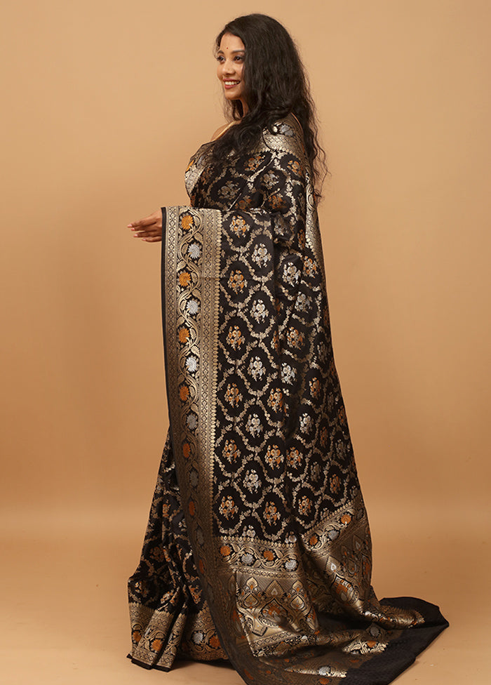 Black Handloom Banarasi Pure Silk Saree With Blouse Piece