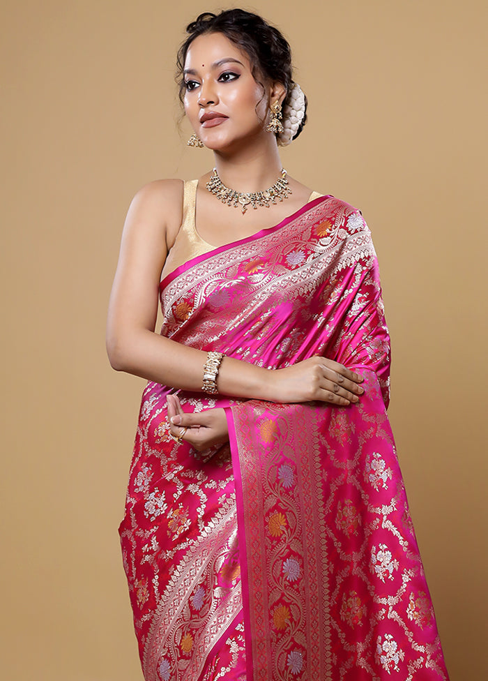 Pink Handloom Banarasi Pure Silk Saree With Blouse Piece