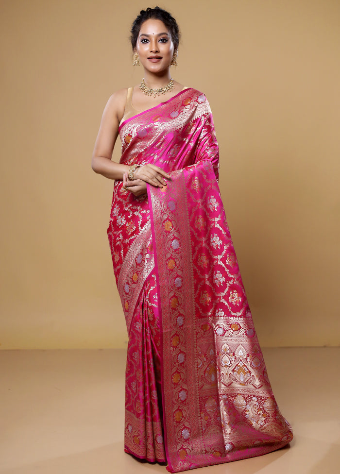 Pink Handloom Banarasi Pure Silk Saree With Blouse Piece