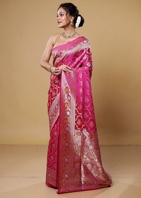 Pink Handloom Banarasi Pure Silk Saree With Blouse Piece