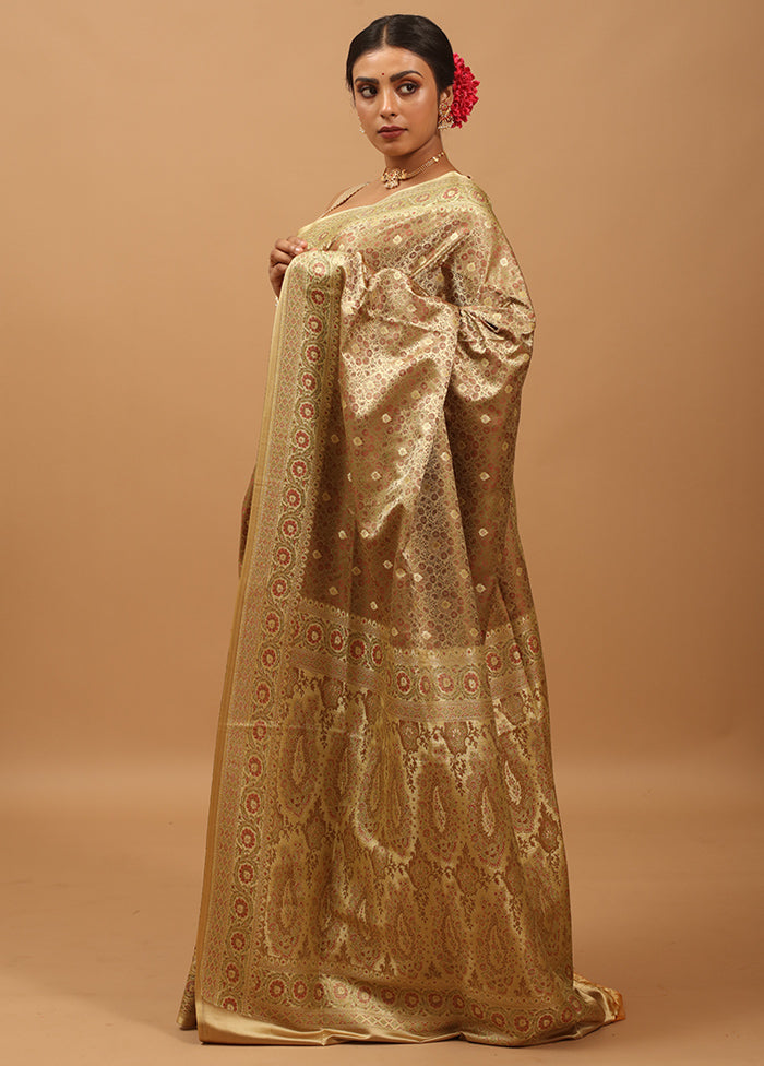 Cream Handloom Tanchoi Pure Silk Saree With Blouse Piece