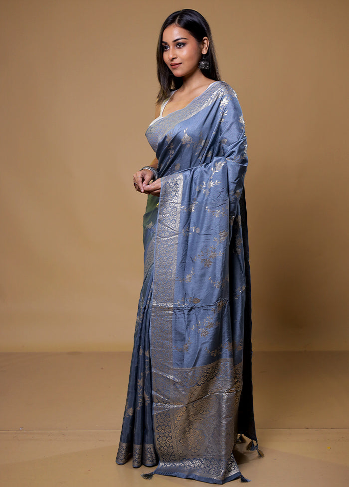 Grey Dupion Silk Saree With Blouse Piece