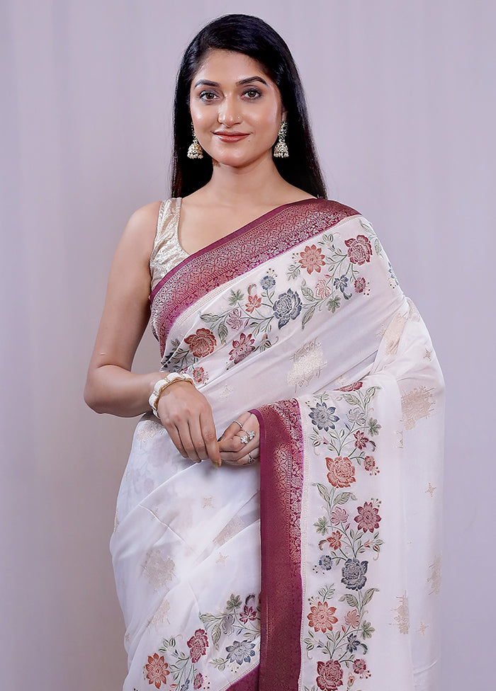 White Dupion Silk Saree With Blouse Piece - Indian Silk House Agencies