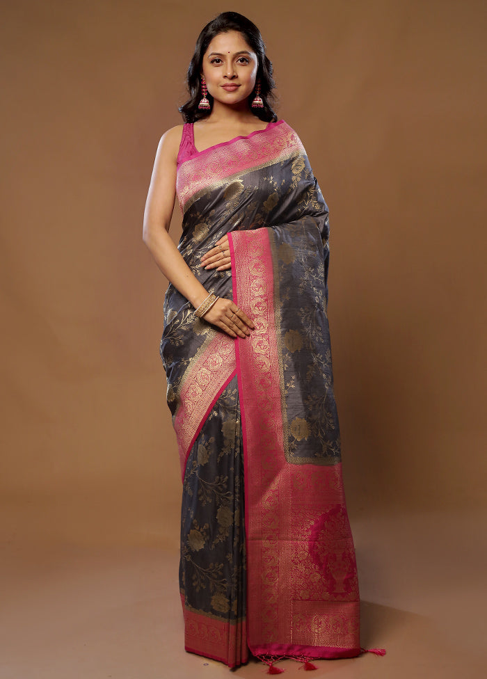 Grey Dupion Silk Saree With Blouse Piece - Indian Silk House Agencies