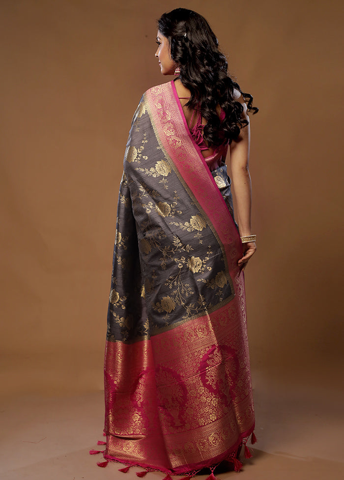 Grey Dupion Silk Saree With Blouse Piece - Indian Silk House Agencies