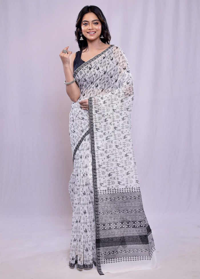 White Cotton Saree With Blouse Piece - Indian Silk House Agencies