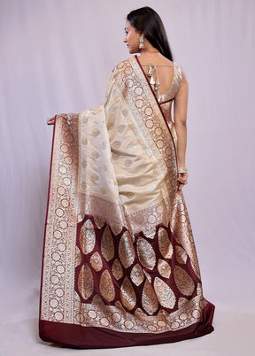 Cream Banarasi Silk Saree With Blouse Piece - Indian Silk House Agencies