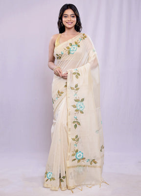 Cream Chanderi Cotton Saree With Blouse Piece - Indian Silk House Agencies