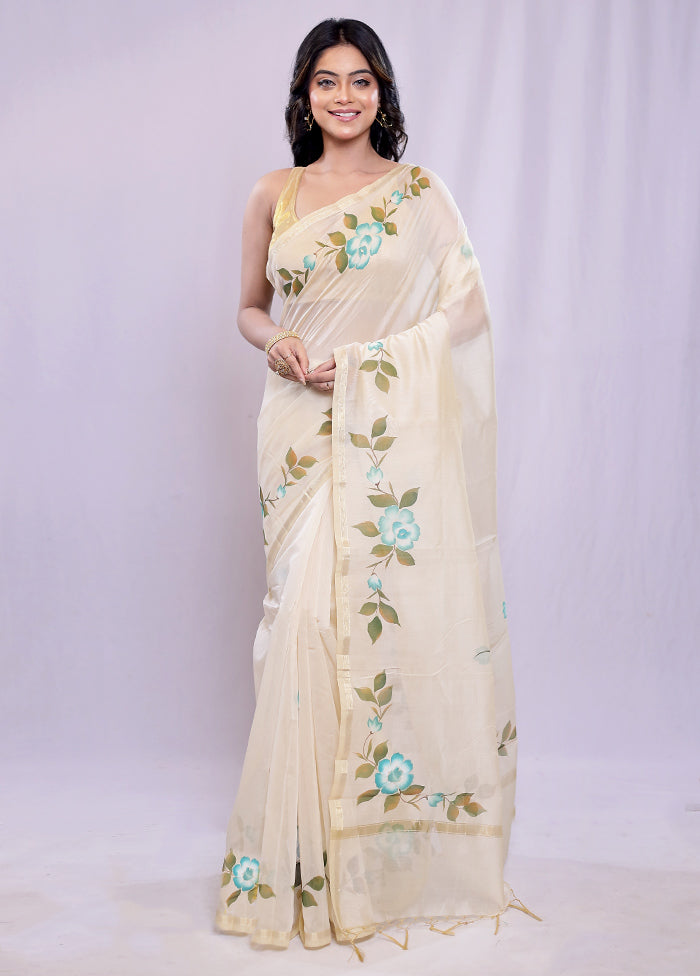 Cream Chanderi Cotton Saree With Blouse Piece - Indian Silk House Agencies