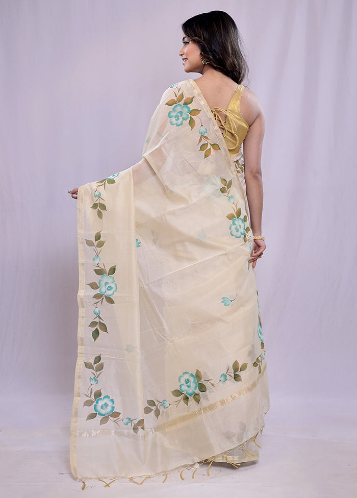 Cream Chanderi Cotton Saree With Blouse Piece - Indian Silk House Agencies