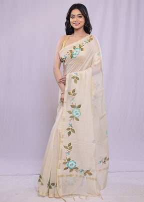 Cream Chanderi Cotton Saree With Blouse Piece - Indian Silk House Agencies