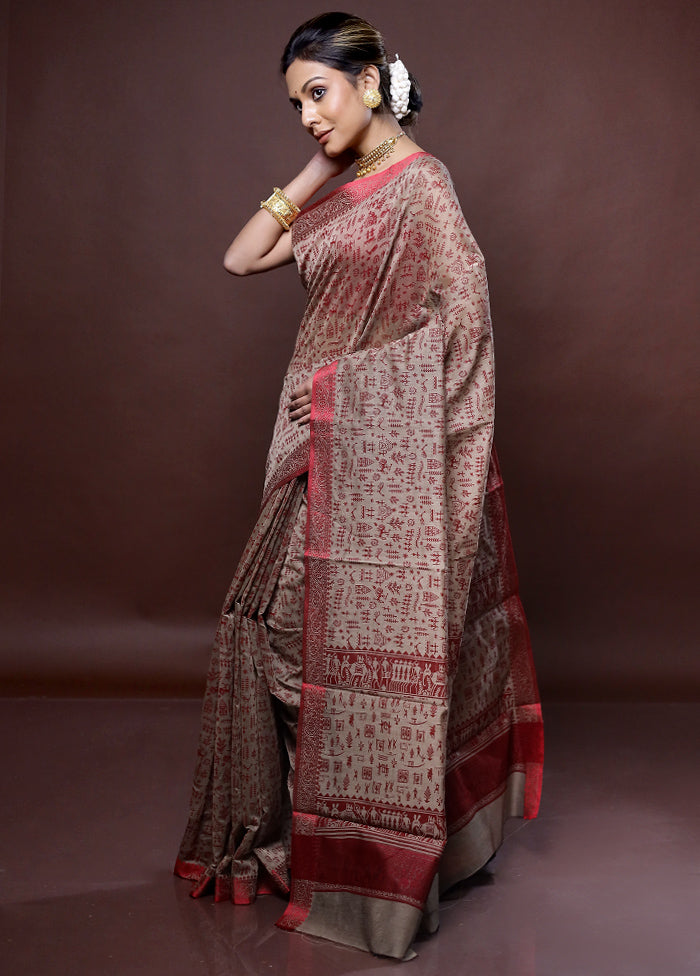 Brown Chanderi Cotton Saree Without Blouse Piece - Indian Silk House Agencies