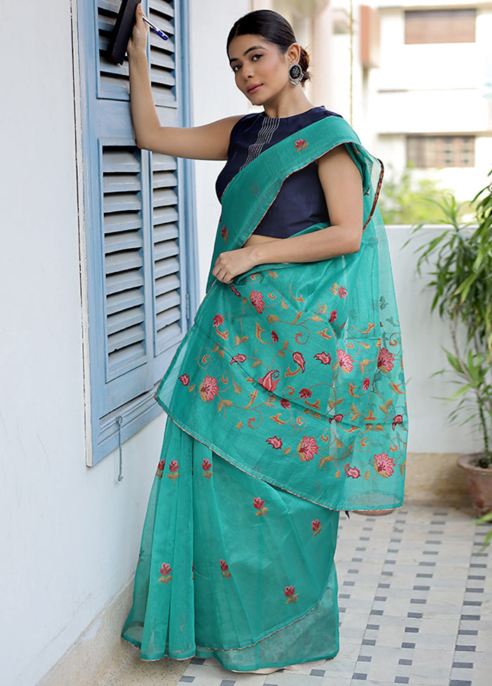 Green Cotton Saree Without Blouse Piece - Indian Silk House Agencies