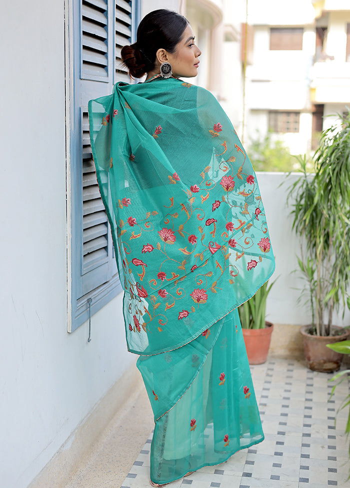 Green Cotton Saree Without Blouse Piece - Indian Silk House Agencies