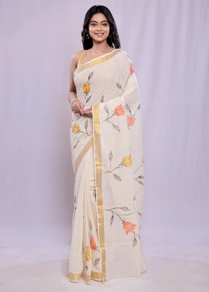 White Cotton Saree With Blouse Piece - Indian Silk House Agencies